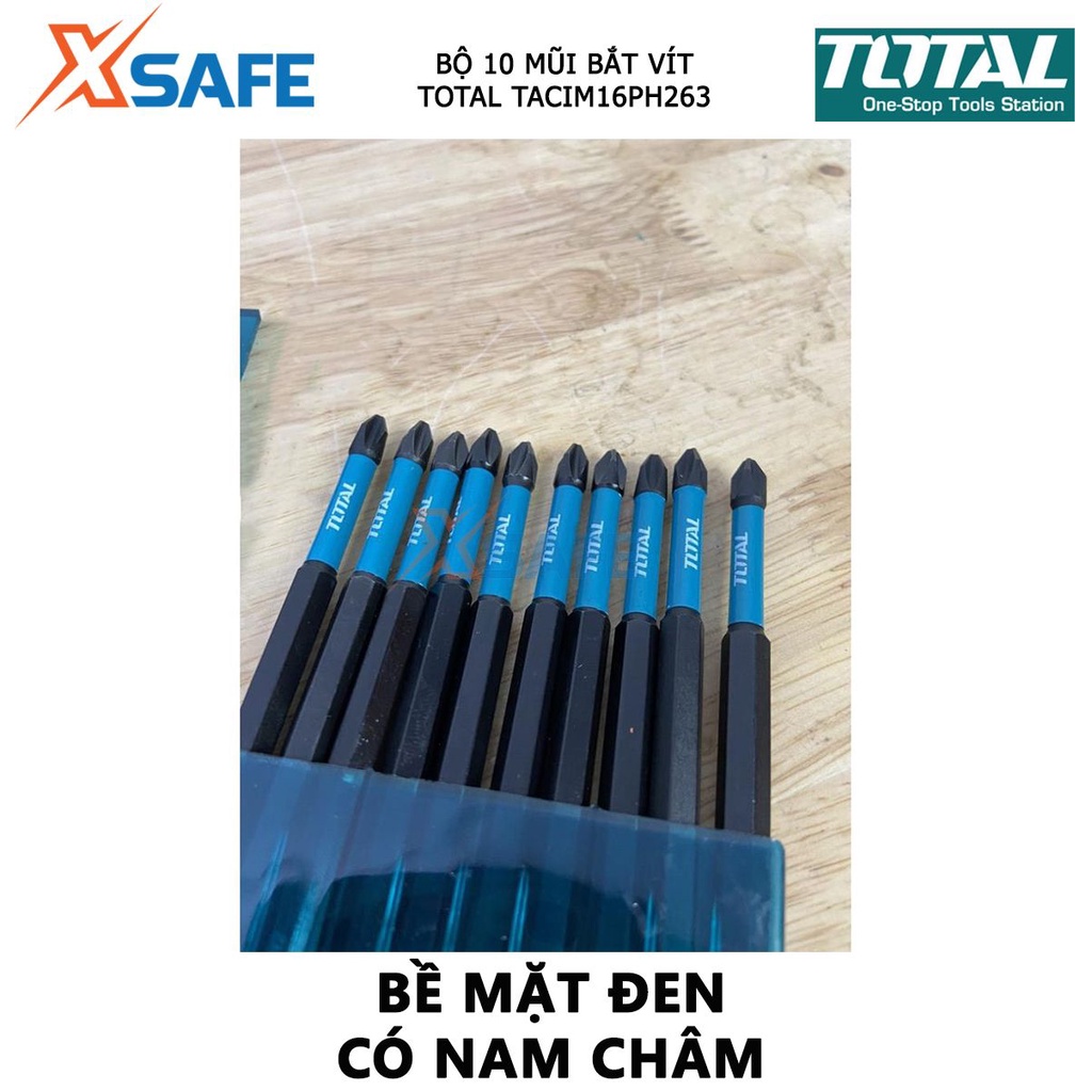 Bộ mũi bắt vít có từ TOTAL TACIM16PH263 | bộ 10 mũi siết vít PH2x150mm thép công nghiệp S2, bề mặt đen có nam châm