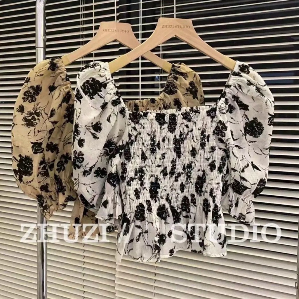 Áo Kiểu Chiffon Cổ Vuông Họa Tiết Hoa Phong Cách Retro