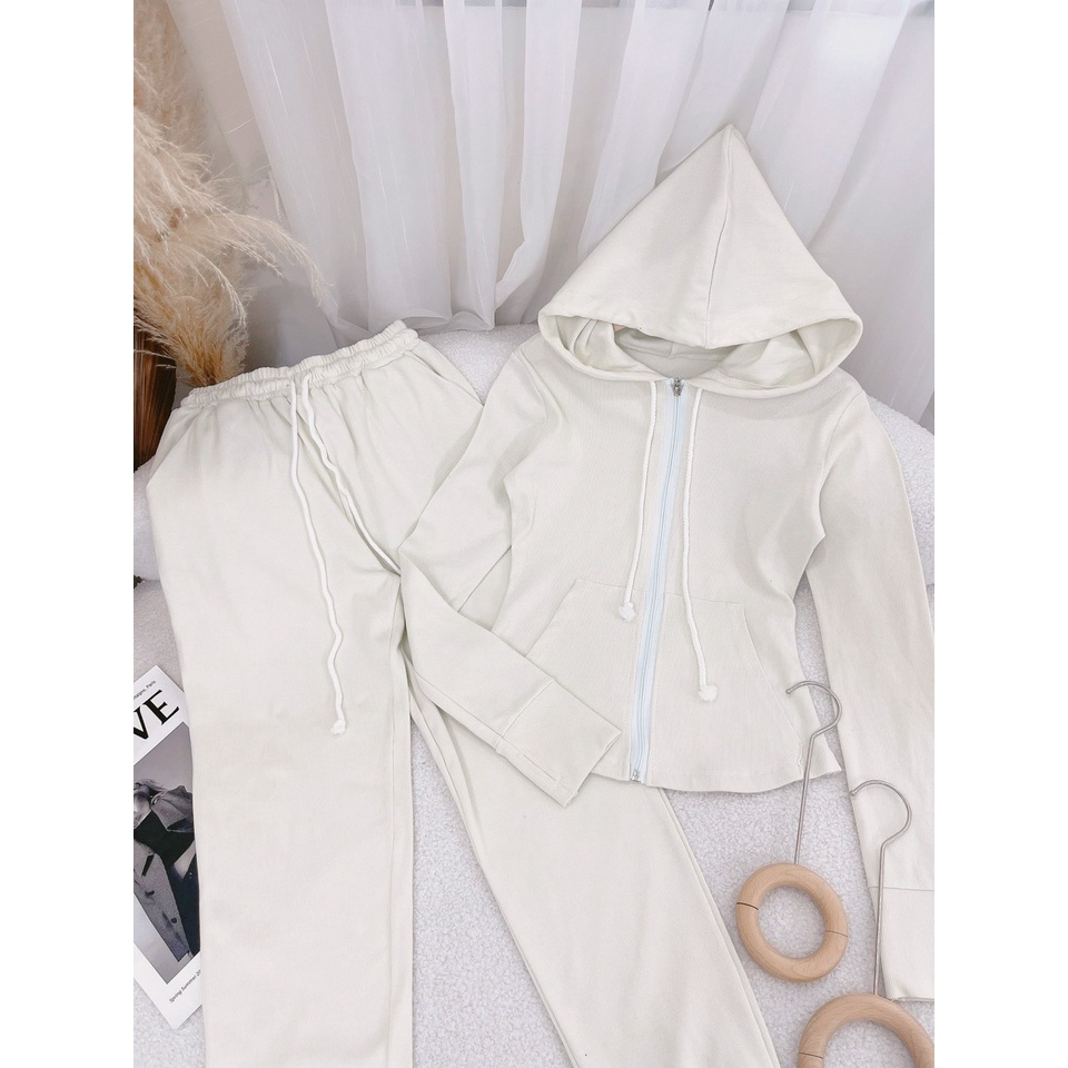 SET ÁO KHOÁC NÓN DÂY KÉO + QUẦN ỐNG TÚM LƯNG THUN 2 MÀU (TH)