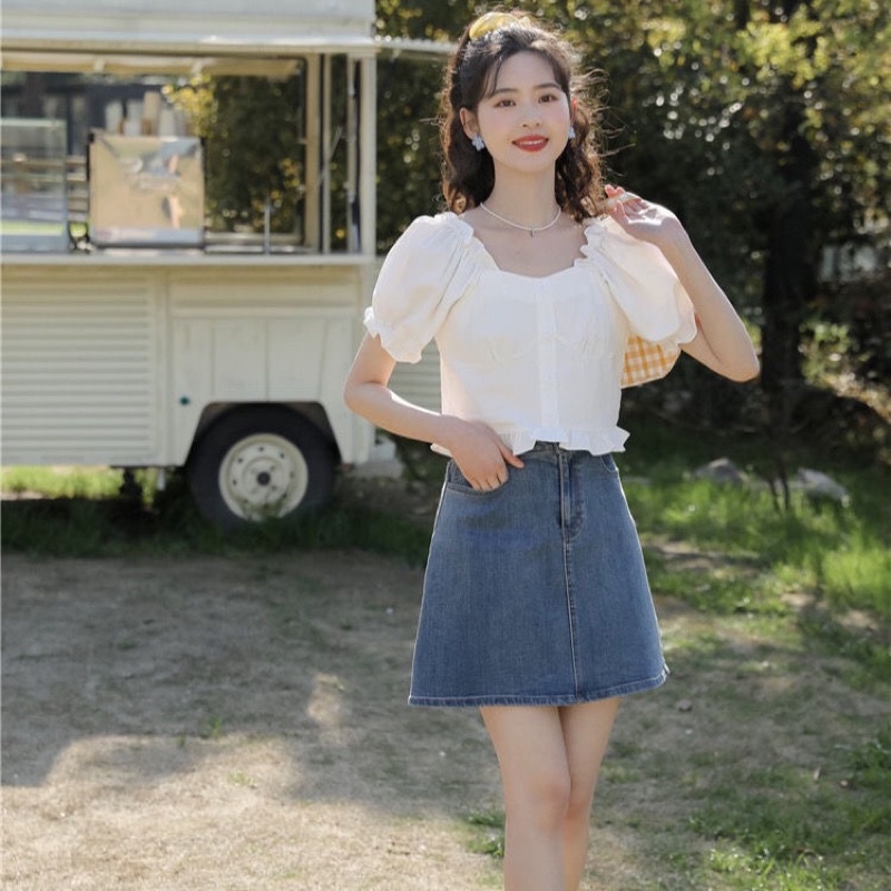 Áo Croptop nữ tay ngắn phối bèo nhún phong cách Hàn Quốc mã QD095