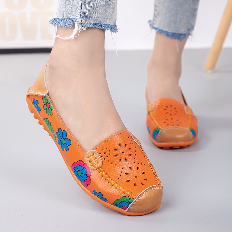 Comfort Flat With Peas Shoes Middle-Aged Mother Shoes Really Kraft Printed Women's Shoes Non-Slip Hollow Casual Single S