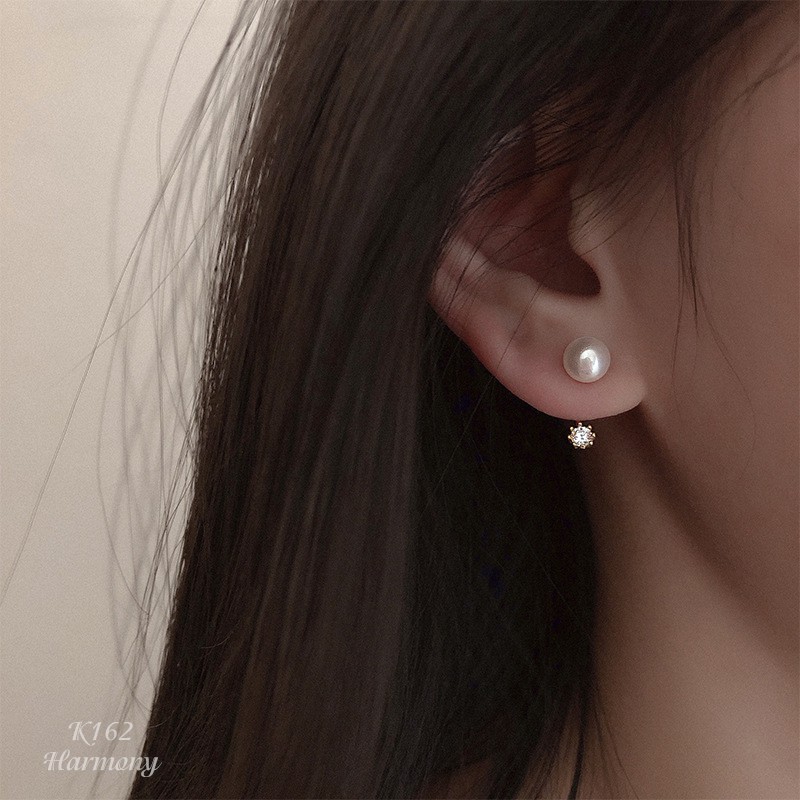 Bông tai, Khuyên tai nữ bạc mạ vàng mặt ngọc trai nhân tạo mix đá nhỏ nữ tính, sang chảnh K162| TRANG SỨC BẠC HARMONY
