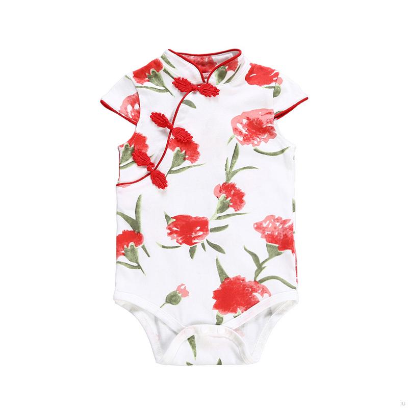 IU Summer Baby Girl Cute Flower Pattern Short Sleeve Romper Chinese Style One-piece Cheongsam Jumopsuit