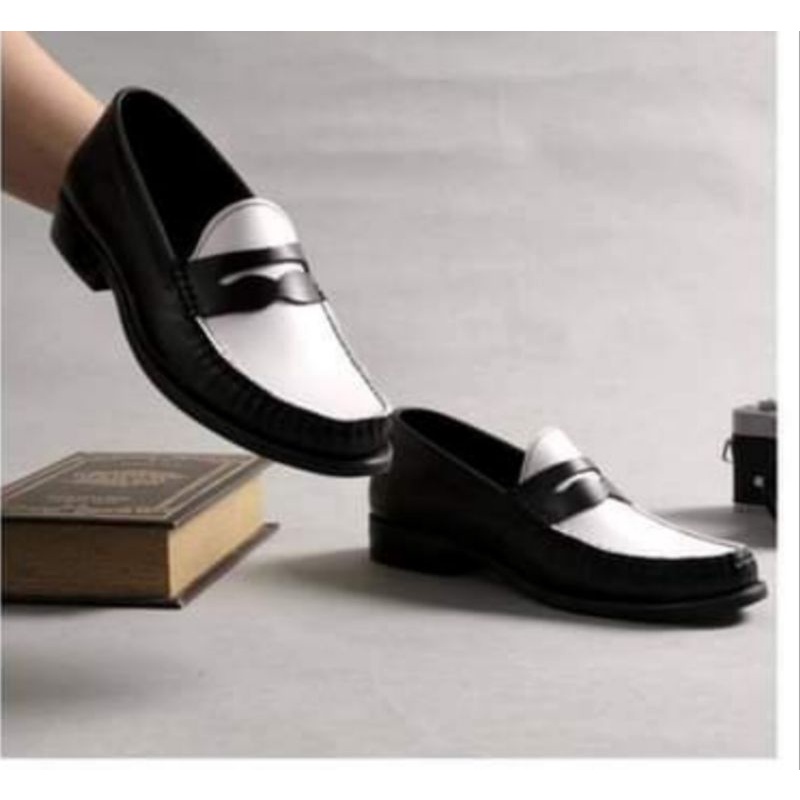 [Cao cấp] Penny Loafer Black White, giày lười nam da thật đế phíp