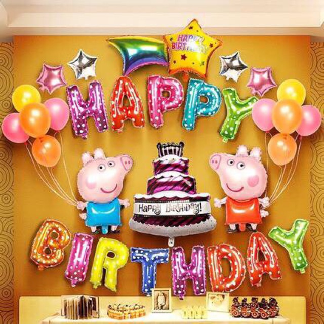 Set bóng sinh nhật heo peppa, kitty, chuột mickey hồng /Xanh/Đủ màu