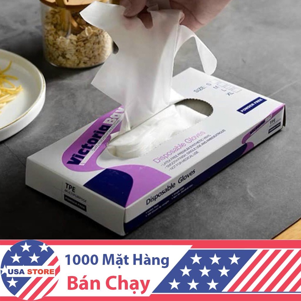 Hộp 100 Găng Tay Cao Su TPE Victoria, Bao Tay Siêu Dai Dùng 1 Lần Làm Bếp Nấu Ăn Vệ Sinh