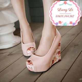 GIày đế xuồng hở mũi chất da lì đế hoa 3 màu hồng trắng xanh Ms x141