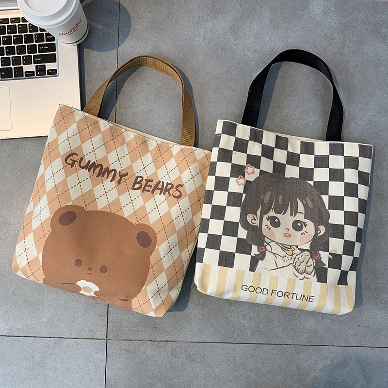 Túi Vải Canvas Đựng Hộp Cơm Trưa Xách Tay Thiết Kế Dễ Thương Tiện Lợi