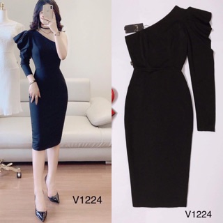 Váy body đen chéo vai dài tay 1224