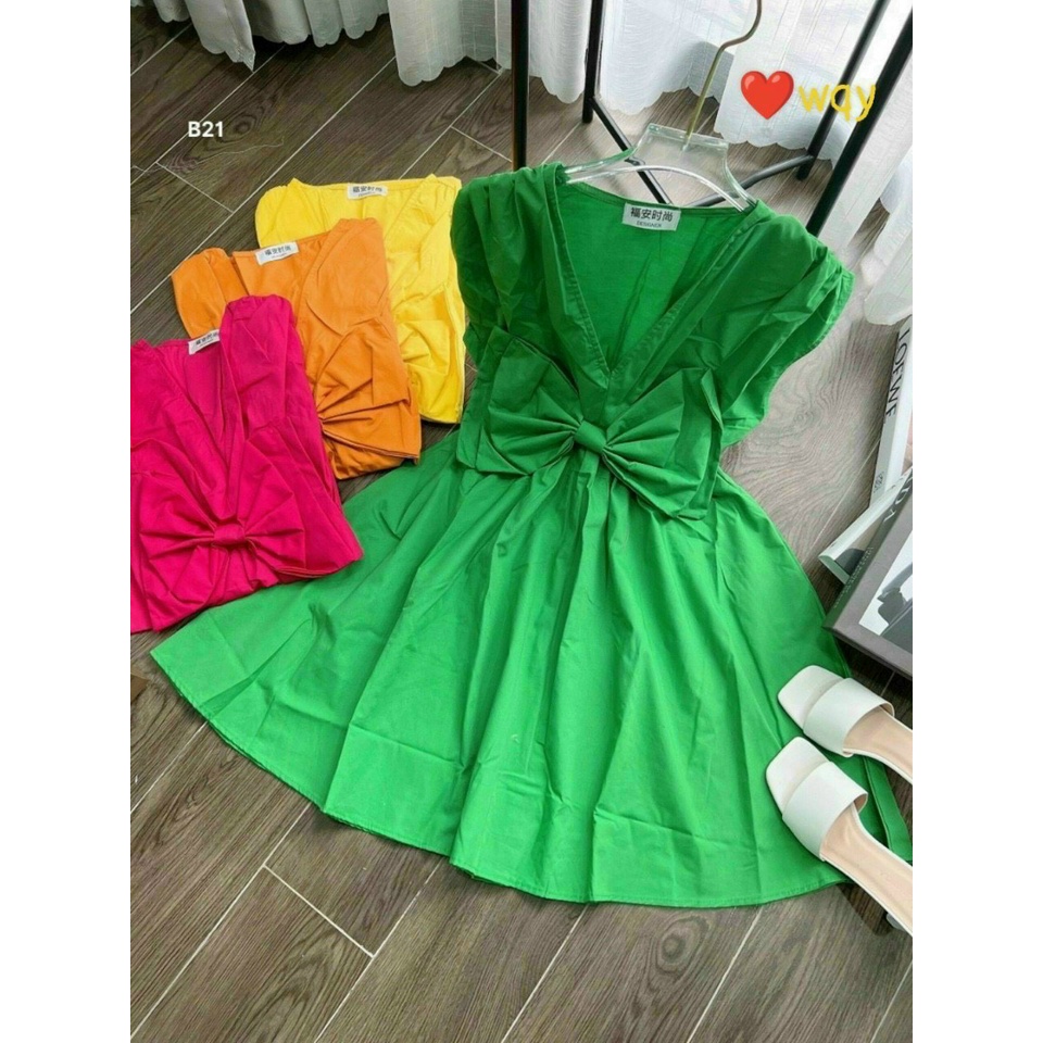 Đầm váy xoè thời trang nữ chất siu cao cấp cổ v tay ngắn có nơ to trước ngực