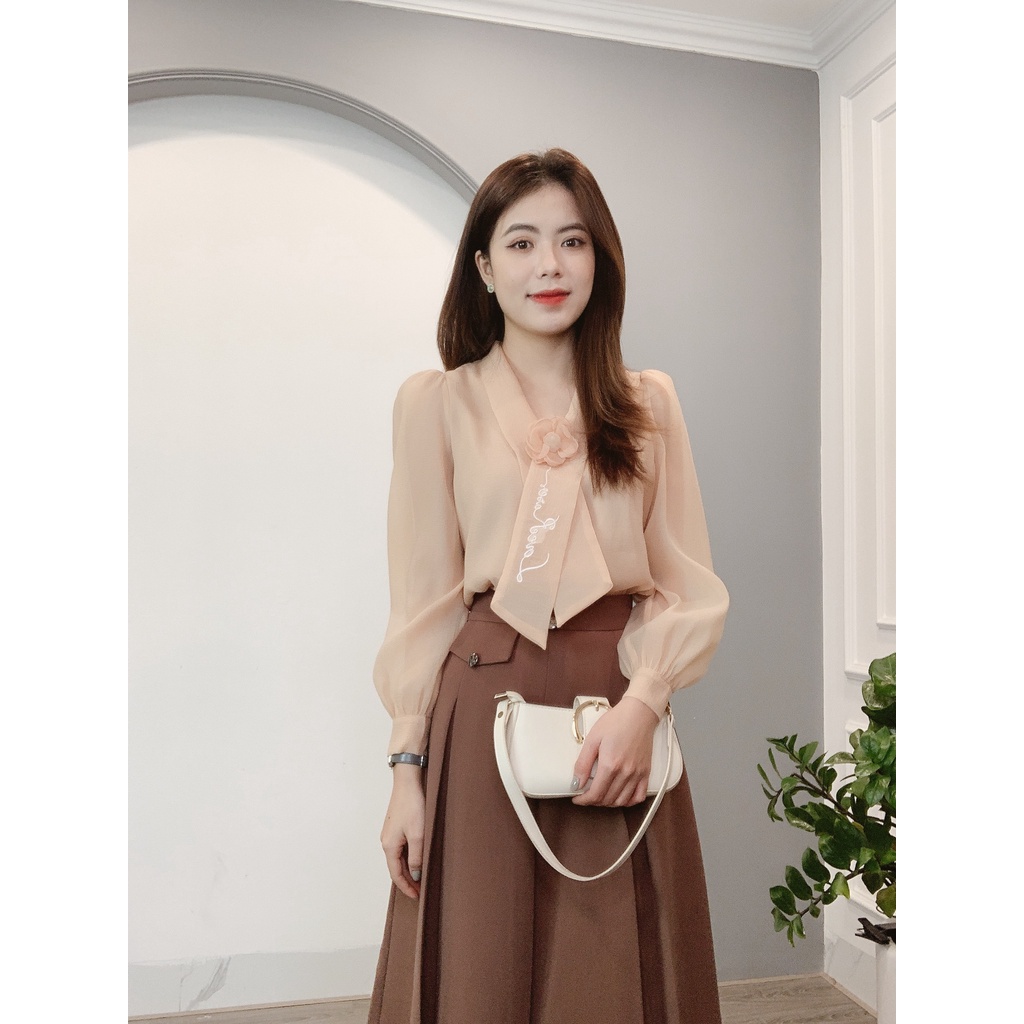 Áo Sơ Mi Tơ Min House Cổ Nơ Thêu Cao Cấp