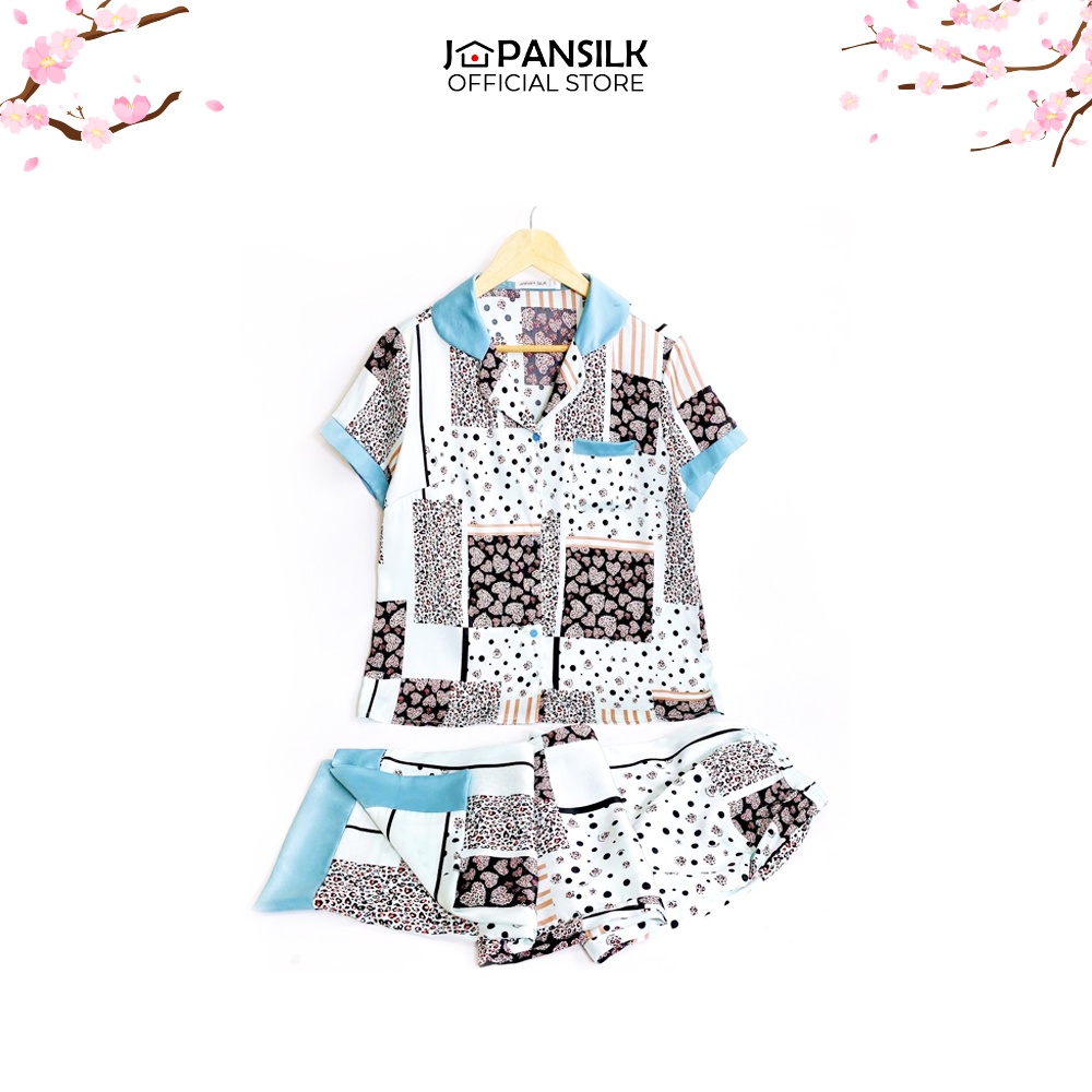 Bộ Đồ Ngủ Pijama Lụa Nhật Cao Cấp JAPAN SILK, tay ngắn quần dài họa tiết chấm đen hình trái tim CD080