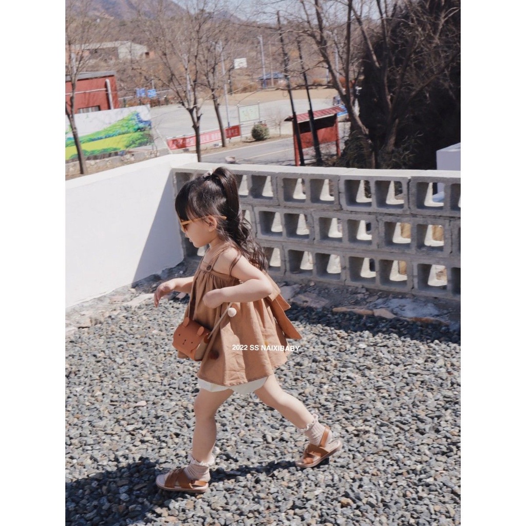 Đầm Hai Dây Mùa Hè Bằng Vải Lanh Và Cotton Có Dây Quả Bóng Đan Tay Mới Cho Bé Gái