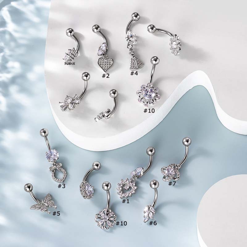 1 Piece Butterfly Heart Stainless Steel with Zircon Curved Barbell Navel Piercing 14Gauge