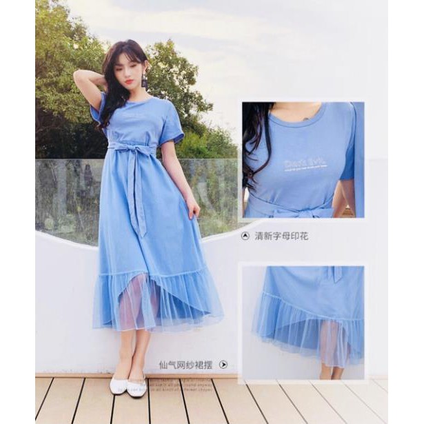 Áo đôi: Váy thun phối lưới kèm thắt lưng + Áo thun nam cổ tròn