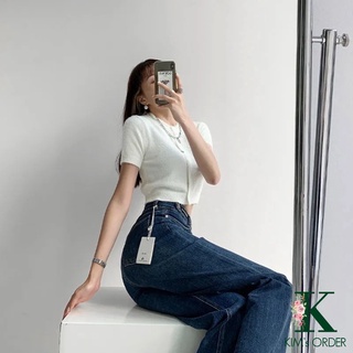 Quần jeans nữ ống suông trơn lưng cao dáng rộng màu xanh HR03 Butadienz