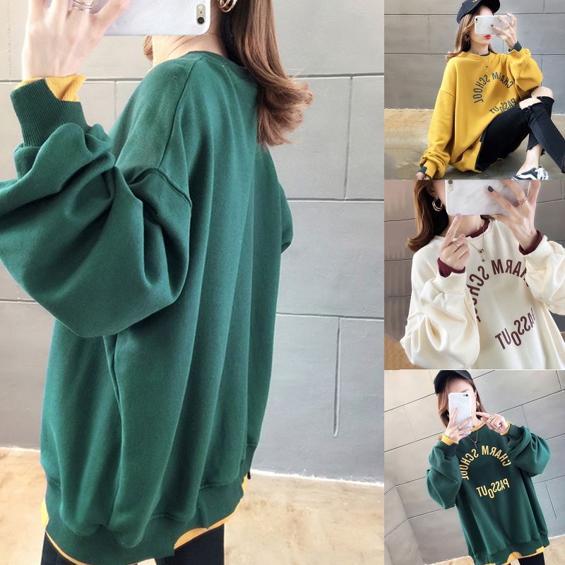 Áo Sweater Tay Dài Cổ Tròn Dáng Rộng Phong Cách Đường Phố Cho Nữ