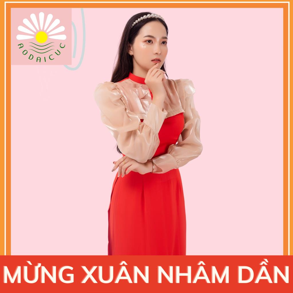 Áo dài nữ, tay bồng, màu cam cà rốt, áo dài truyền thống, cổ vuông 2cm, tày dài