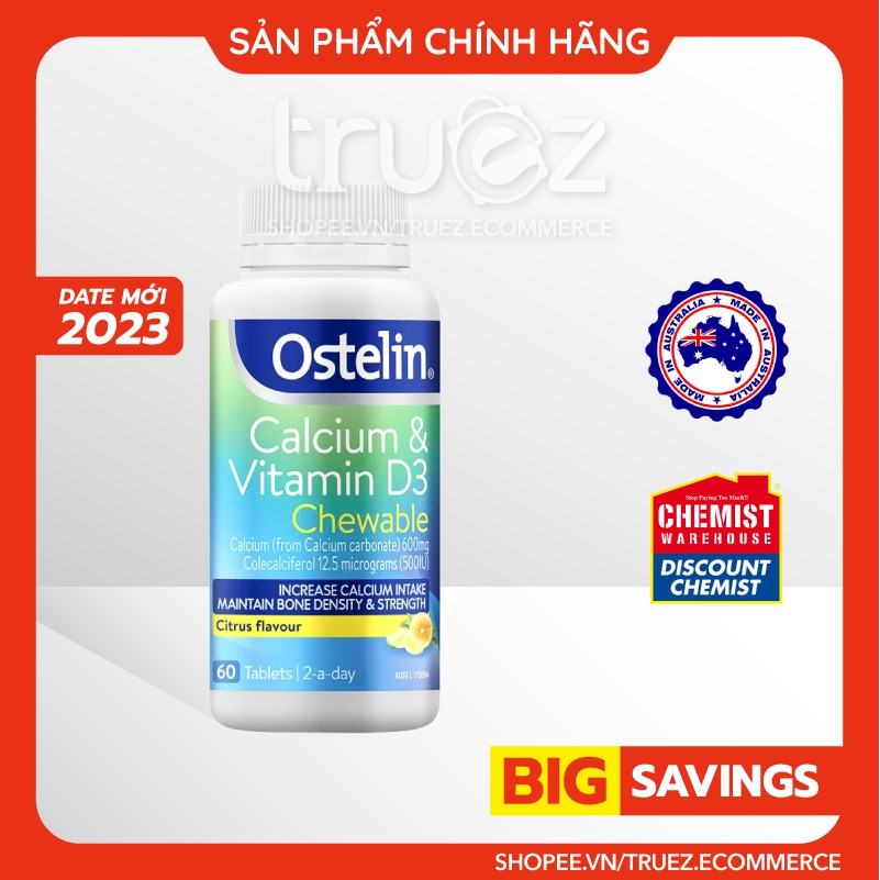 Viên nhai bổ sung Canxi vị cam chanh [ÚC] Ostelin Calcium & Vitamin D3 Chewable [Chính hãng]