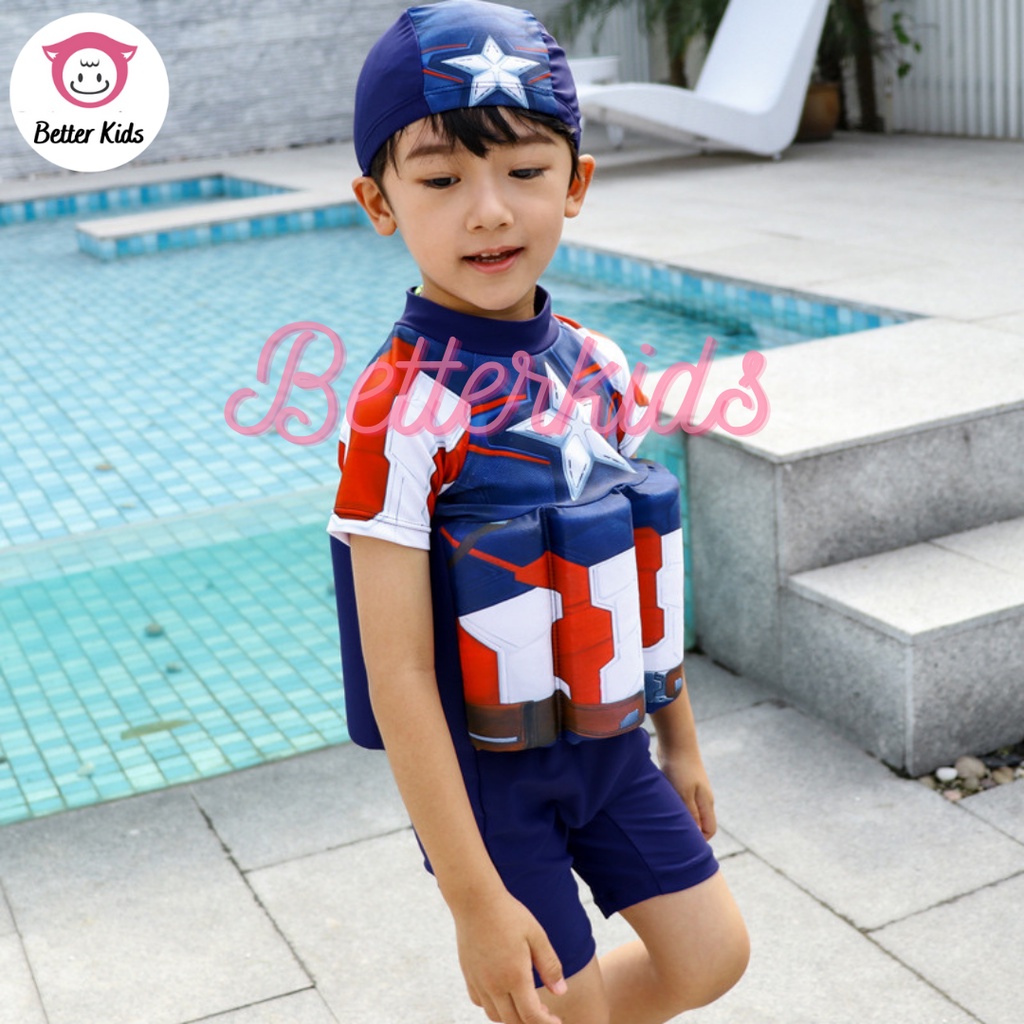 Đồ Bơi Captain America Cho Bé Kèm Mũ Và Phao Trợ Nổi