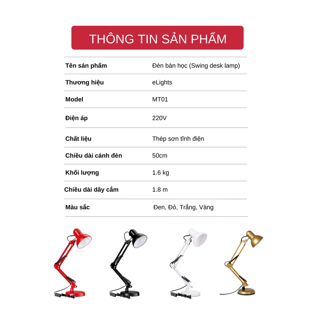 Đèn Pixar eLights MT01 Để Bàn Học Đọc Sách Làm Việc Chống Cận Bảo Vệ Mắt Kèm Bóng Led 3 Chế Độ Sáng