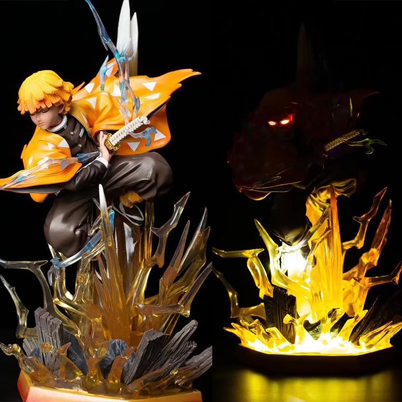 Mô Hình Nhân Vật Anime Demon Slayer Agatsuma Zenitsu Hai Đầu Có Đèn LED Dạ Quang 35Cm Để Bàn Trang Trí