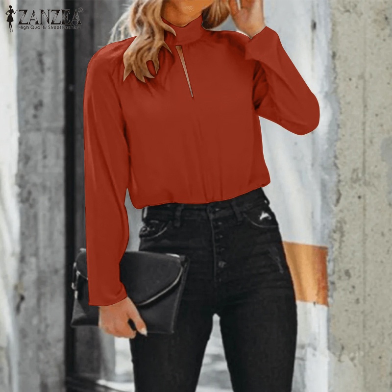 Áo kiểu ZANZEA tay phồng cổ đứng màu trơn thời trang cho nữ
