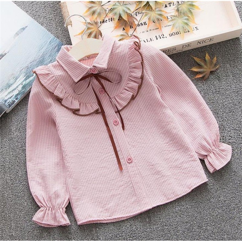 Girls' shirt Korean version stripe Lapel shirt Ruffle 3-15 years old children's spring and autumn cardigan top