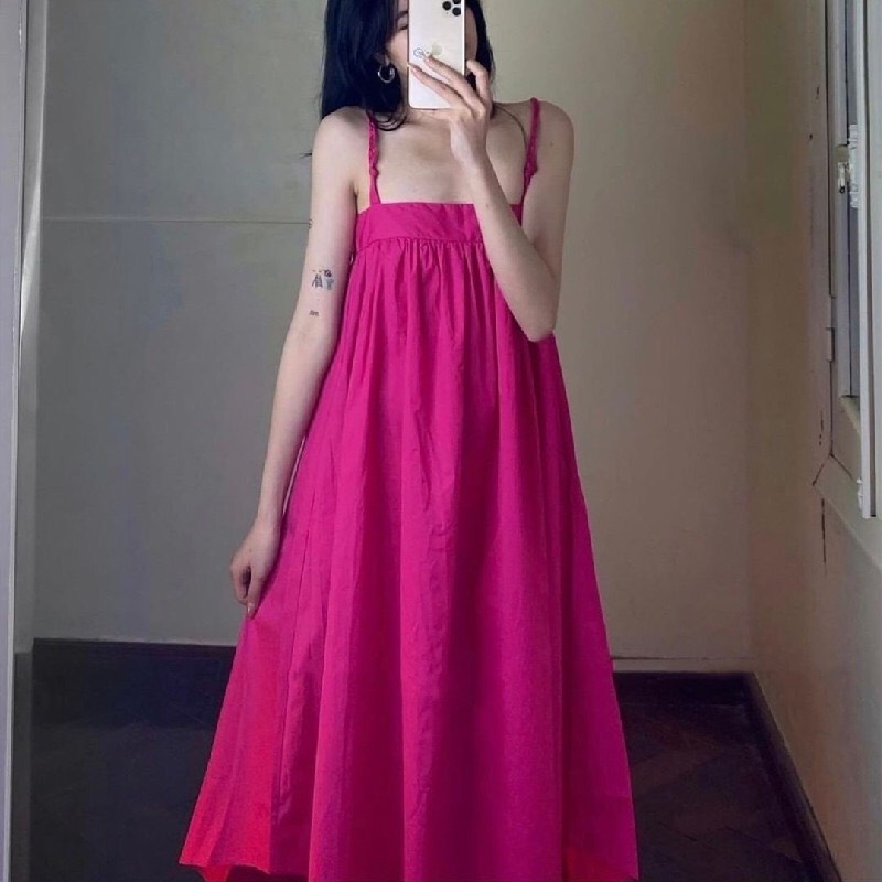 Đầm babydoll nữ xòe đi biển mùa hè đầm baby doll 2 dây maxi nữ dài chất vải thô rộng dấu bụng thời trang