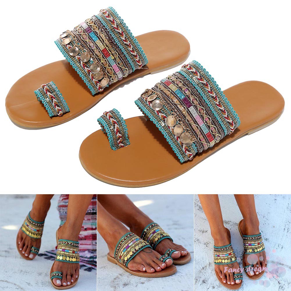 1 Đôi Dép Sandal Nữ Đế Bệt Đi Biển Mùa Hè Phong Cách Bohemian