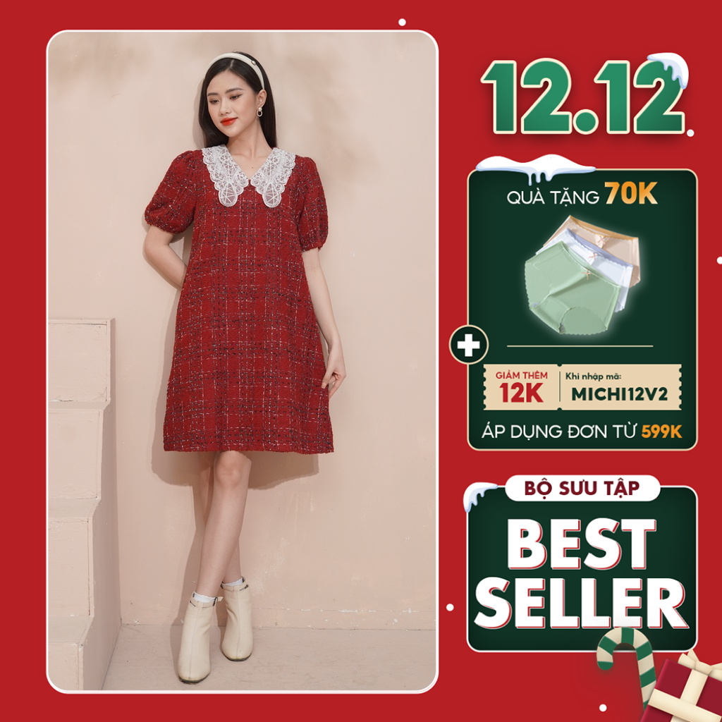 Váy Dạ Đỏ Dáng Suông MICHI House V338 Đầm Xuông Thiết Kế Mặc Tết Đi Tiệc Xinh Sang Trọng Hàn Quốc