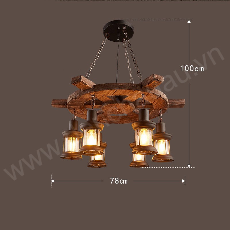 Đèn Chùm Gỗ Vô Lăng 6 Bóng [Hàng Nhập Khẩu] [Giá Tốt Nhất] Tặng Kèm Bóng LED Edison 4W E27