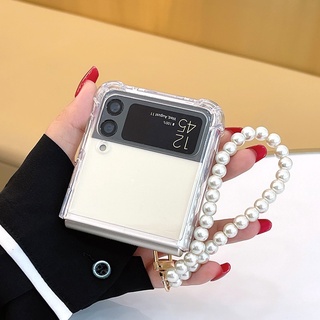 Dành Cho Samsung Galaxy Z Flip 4G 6 5 4 3 Flip3 Flip4 5G Vòng Tay Ngọc Trai Di Động Dây Xích Tay Trong Suốt Chống Sốc Vỏ Điện Thoại