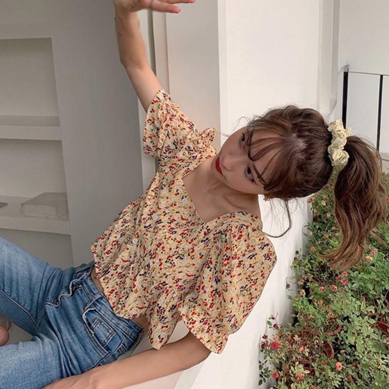 Áo Kiểu Chiffon Cổ Vuông In Họa Tiết Hoa Xinh Xắn Phong Cách Hàn Quốc