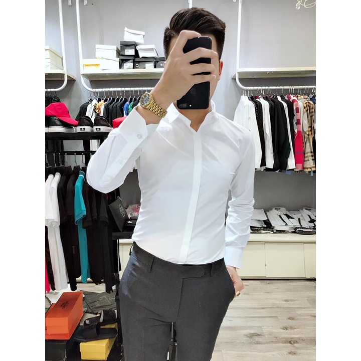 Áo Sơ Mi Dài Tay Nam Đen Trơn Chất Lụa Mịn Chống Nhăn Thời Trang Lịch Lãm