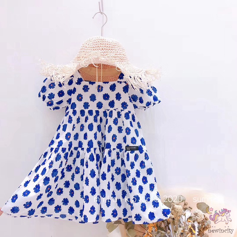 Đầm Tay Phồng Họa Tiết Hoa Cúc Xinh Xắn Cho Bé Gái