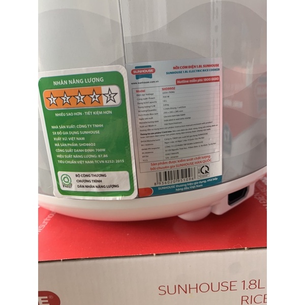 NỒI CƠM ĐIỆN 1.8L SUNHOUSE SHD8602 - CHÍNH HÃNG bảo hành 12 tháng