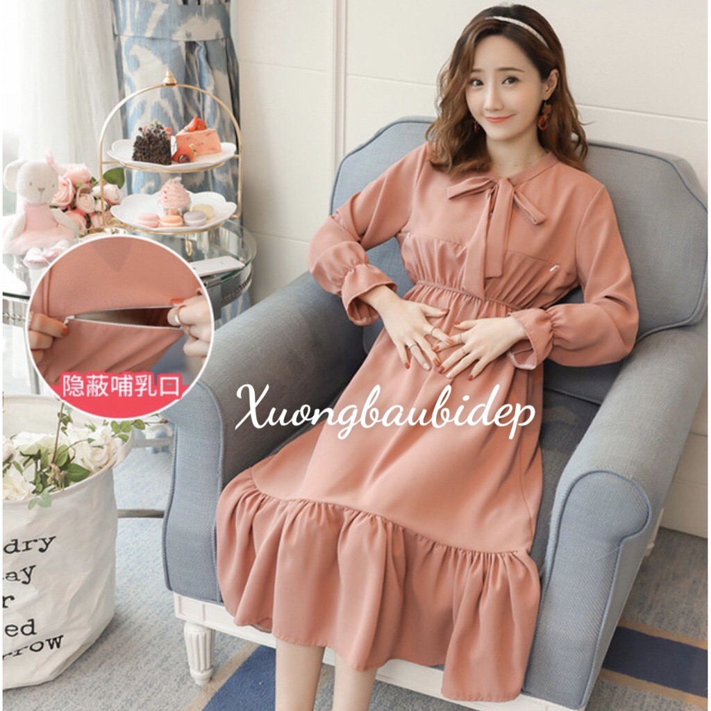 Váy bầu phối buộc nơ cổ có khóa mở sau sinh cho bé ti w101
