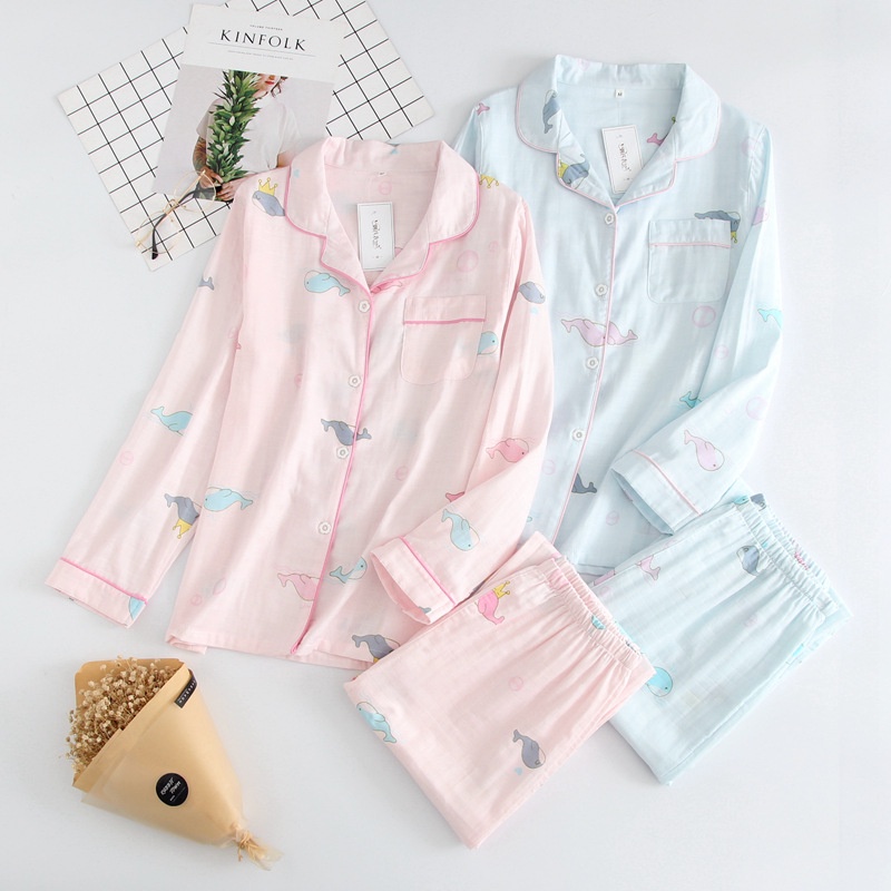 Bộ mặc nhà pijama thô đũi dài tay họa tiết cá heo