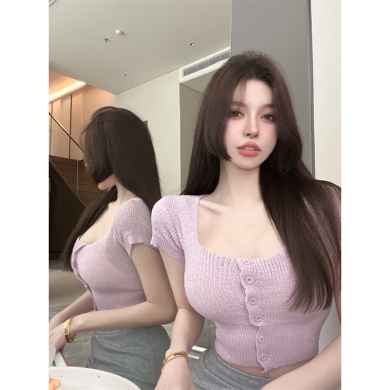 Áo Croptop Dệt Kim Tay Ngắn Cổ Vuông Thời Trang Hàn Quốc Gợi Cảm Cho Nữ