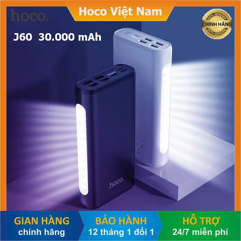 Pin sạc dự phòng HOCO J60 dung lượng cao 30000mAh kèm đèn chiếu sáng LED, 4 đầu ra USB - Hàng chính hãng