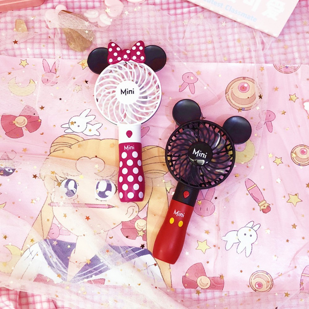 (hàng đã về) Quạt hoạt hình Mickey Minnie dễ thương Quạt USB cầm tay mini mang đèn có dây đeo mang thể sạc lại 3 chế độ 