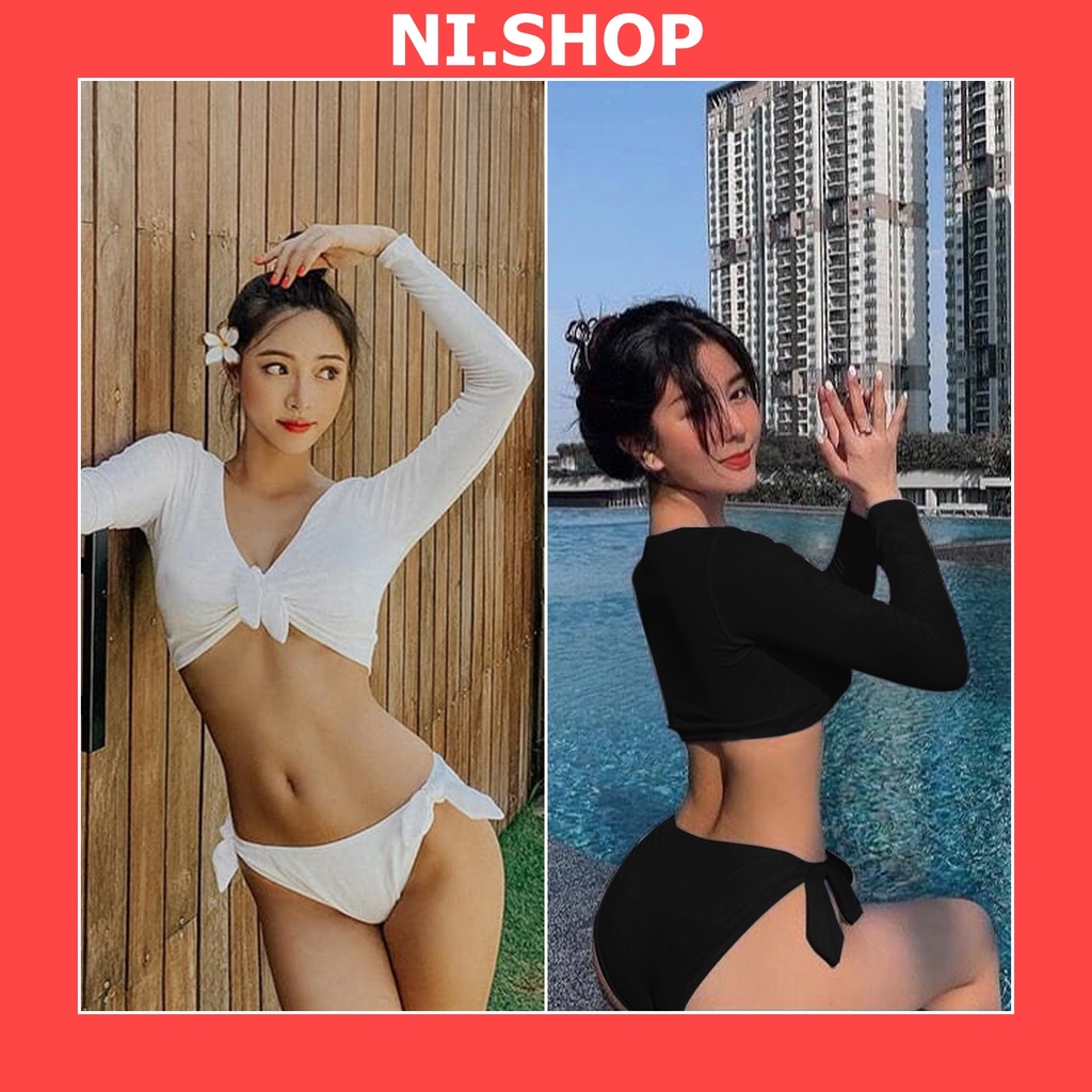 Bikini Đồ bơi 2 mảnh áo dài tay chống nắng quần tam giác thắt nơ xinh xắn R04