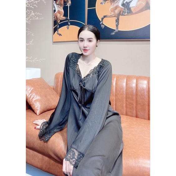 Đầm LỤA LATIN tay dài phom dài phối ren mặc nhà quyến rũ chuẩn hàng QCCC
