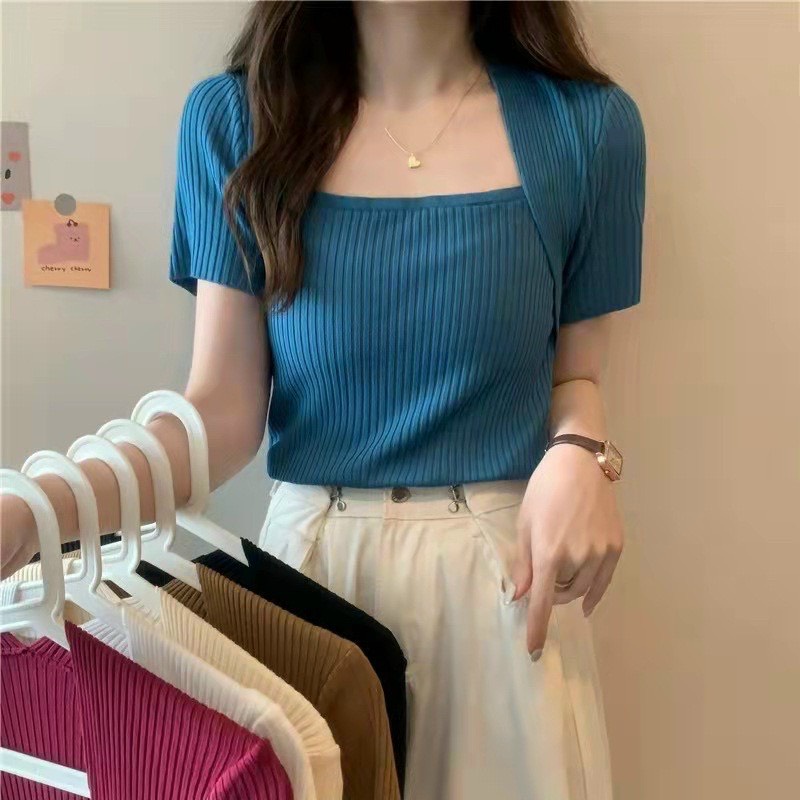 Áo thun ngân cổ vuông kín chéo tay ngắn ôm body tối giản, thanh lịch văn phòng MC