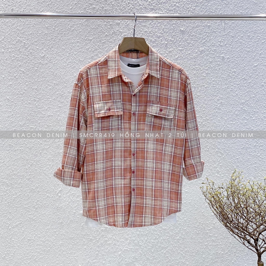 BST Áo Sơ Mi Nam Form Rộng Mẫu Caro Mới Hai Túi, Kẻ Nổi BEACON DENIM Mã 418-423