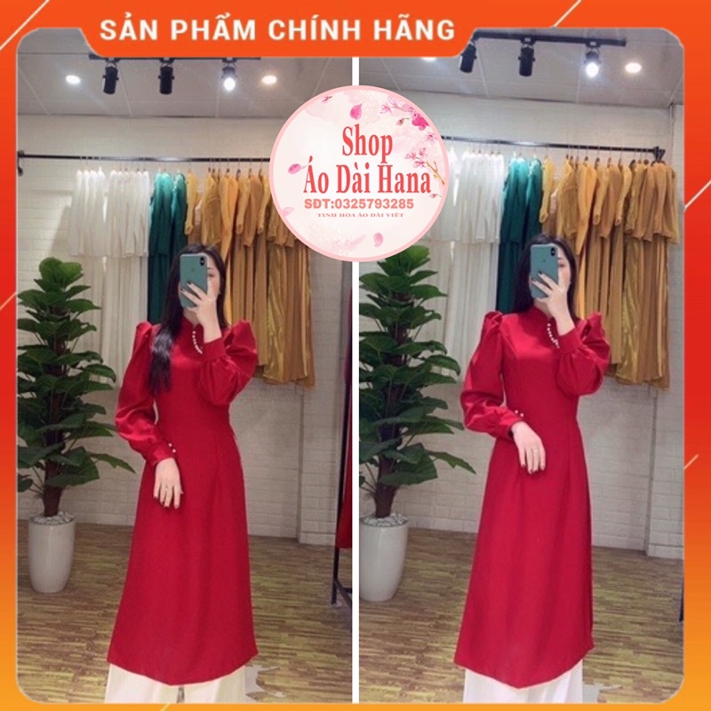 Áo dài đỏ đô cổ 2 phân tay dài đính ngọc tà lửng