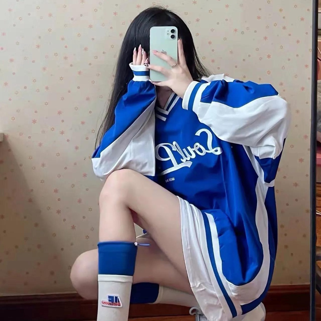 Jiashucheng Set Áo Nỉ Dài Tay Cổ Chữ V + Chân Váy Xòe Thời Trang Hàn Cho Nữ