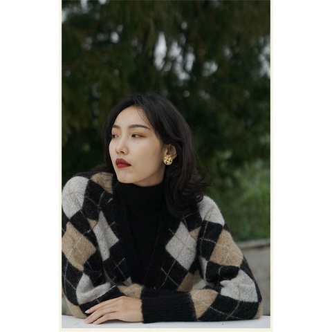 Áo khoác cardigan dệt kim dáng ngắn họa tiết vân kim cương kiểu Pháp retro dễ thương cho nữ