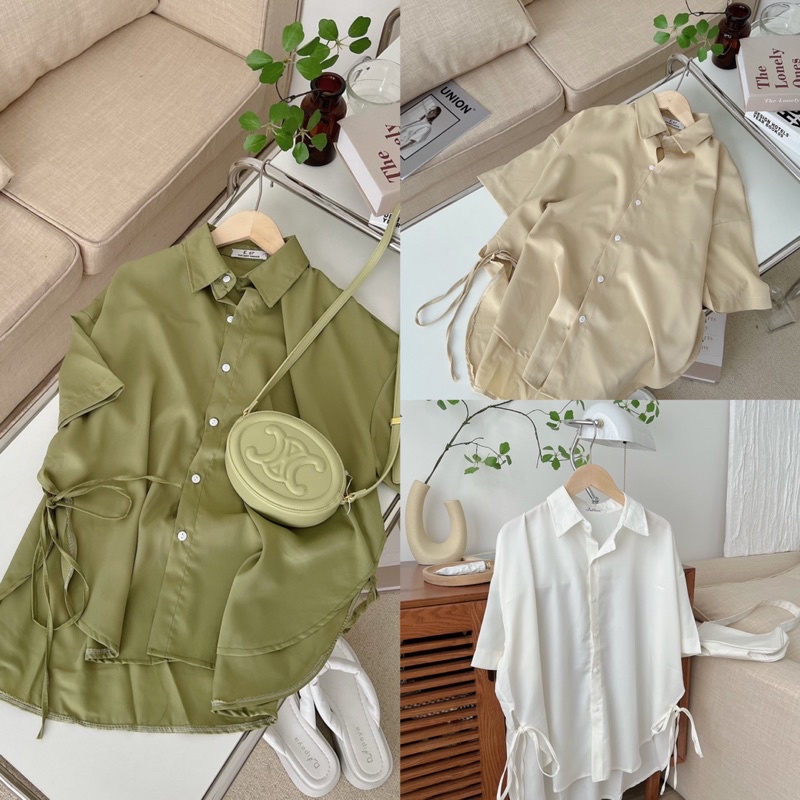 [Ảnh thật/Video]Áo sơ mi lụa hai vạt thiết kế buộc nơ hông xinh xắn